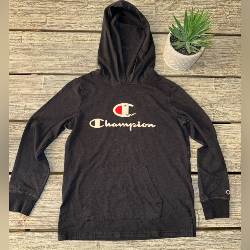 Boys Champion Long Sleeved Hoodie Shirt, Black, Sz Large